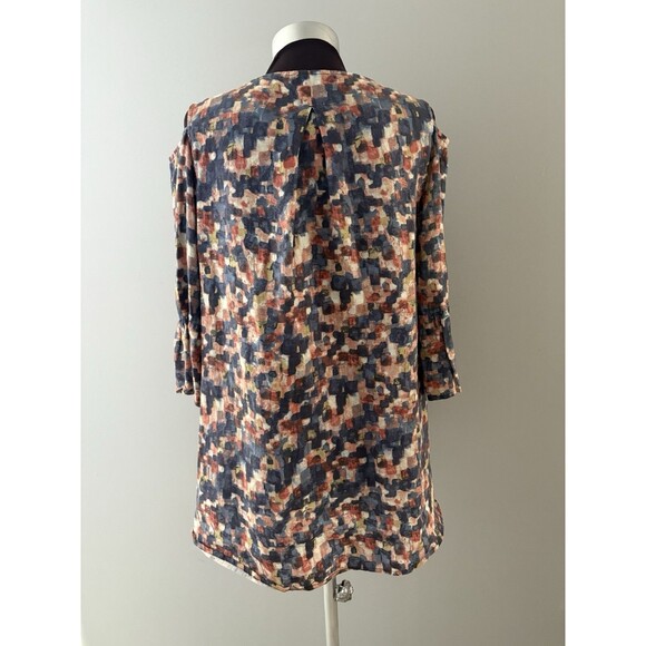 John Mark Linen Tunic Top Size S Blue Brown Bell Sleeve Oversize Lagenlook Fall - Picture 5 of 16